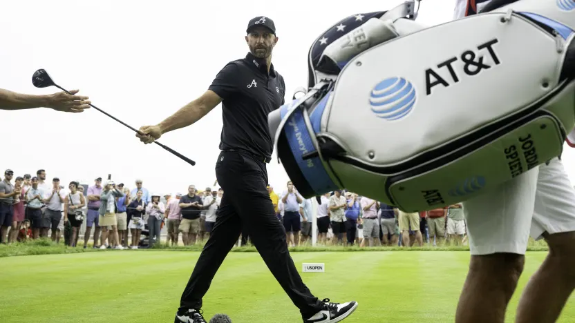 Captain Dustin Johnson of 4Aces GC walks off the second tee during the second round of the US Open at Oakmont Country Club on Friday, June 13, 2025 in Oakmont, Pennsylvania. (Photo by Charles Laberge/LIV Golf)