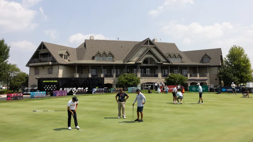 A general view of the putting green during the practice round before the start of LIV Golf Chicago at Bolingbrook Golf Club on Tuesday, August 05, 2025 in Bolingbrook, Illinois. (Photo by Chris Trotman/LIV Golf)