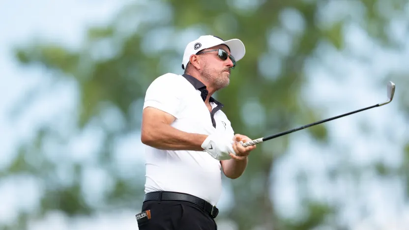 Captain Phil Mickelson of HyFlyers GC hits his shot from the 14th tee during the final round of LIV Golf Indianapolis at The Club at Chatham Hills on Sunday, August 17, 2025 in Westfield, Indiana. (Photo by Mateo Villalba/LIV Golf)