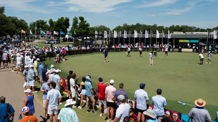 Fans are seen around the putting green before the second round of LIV Golf Dallas at Maridoe Golf Club on Saturday, June 28, 2025 in Carrollton, Texas. (Photo by Mateo Villalba/LIV Golf)