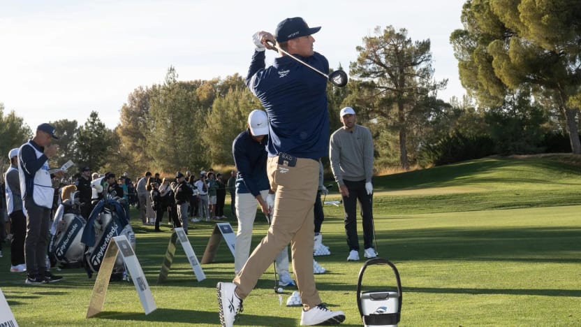 Captain Bryson DeChambeau hits his shot on the driving range before the Showdown at the Shadow Creek Golf Course on Tuesday, Dec. 17, 2024 in Las Vegas, Nevada. (Photo by Montana Pritchard/LIV Golf)