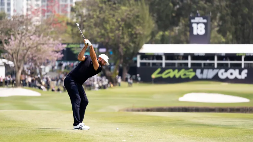 Captain Dustin Johnson of 4Aces GC hits his shot from the fairway on the 18th hole during the second round of LIV Golf Hong Kong at Hong Kong Golf Club Fanling on Saturday, March 08, 2025 in Fanling, Hong Kong. (Photo by Mateo Villalba/LIV Golf)