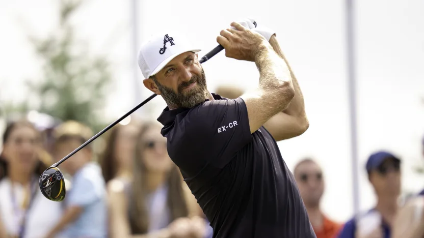 Captain Dustin Johnson of 4Aces GC hits his shot from the first tee during the second round of LIV Golf Indianapolis at The Club at Chatham Hills on Saturday, August 16, 2025 in Westfield, Indiana. (Photo by Pedro Salado/LIV Golf)