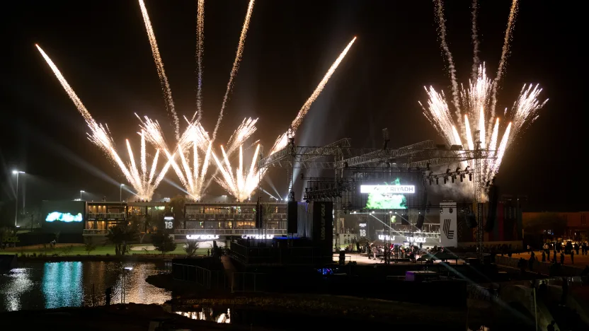 A general view of the fireworks during the shotgun start during the first round of LIV Golf Riyadh at Riyadh Golf Club on Thursday, February 06, 2025 in Riyadh, Saudi Arabia. (Photo by Montana Pritchard/LIV Golf)