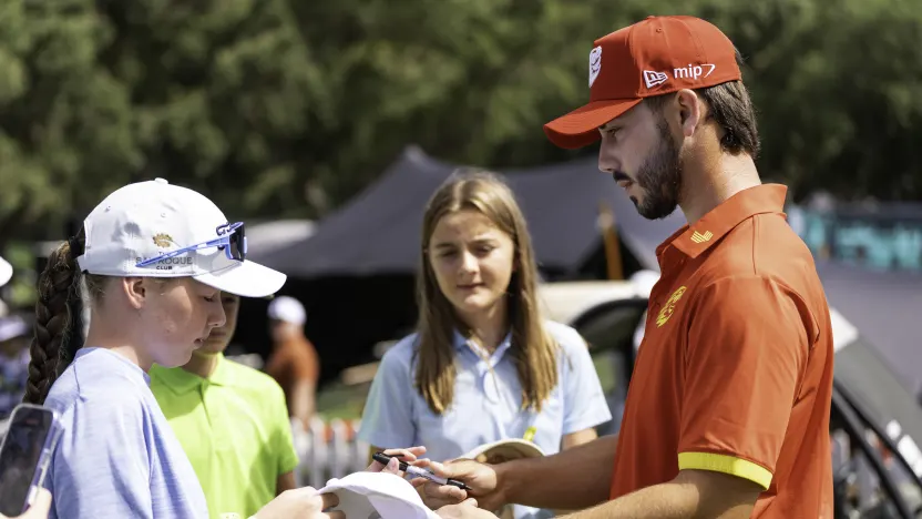 Josele Ballester of Fireballs GC signs his autograph during the first round of LIV Golf Andalucía at Real Club Valderrama on Friday, July 11, 2025 in San Roque, Spain. (Photo by Pedro Salado/LIV Golf)