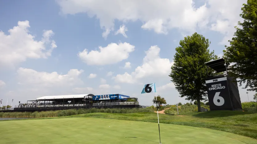 A general view of the sixth hole during the practice round before the start of LIV Golf Chicago at Bolingbrook Golf Club on Tuesday, August 05, 2025 in Bolingbrook, Illinois. (Photo by Chris Trotman/LIV Golf)