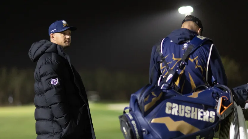 image: Captain Bryson DeChambeau of Crushers GC and caddie, Greg Bodine, are seen during the final round of LIV Golf Riyadh at Riyadh Golf Club on Saturday, February 08, 2025 in Riyadh, Saudi Arabia. (Photo by Jon Ferrey/LIV Golf)