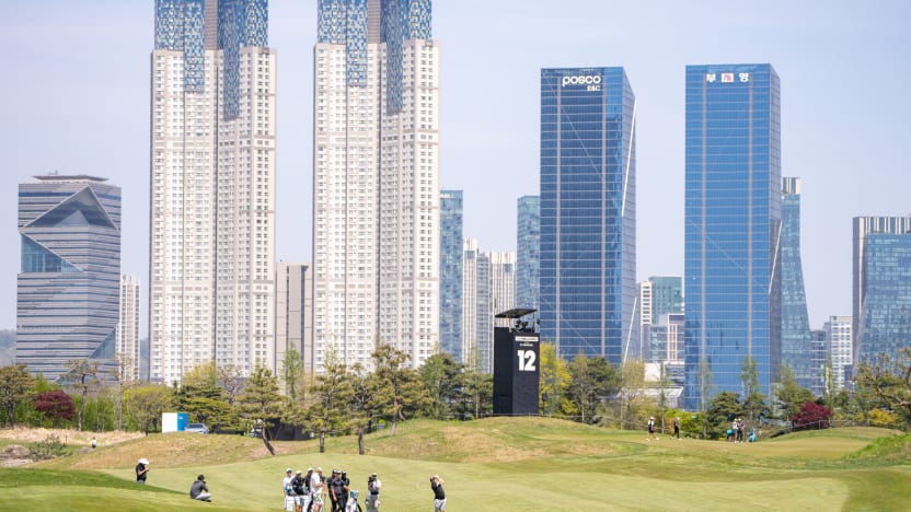 LIV Golf Ambassador, Rick Shiels, hits his shot during the five man scramble with Torque GC during the practice round before the start of LIV Golf Korea at Jack Nicklaus Golf Club on Wednesday, April 30, 2025 in Incheon, South Korea. (Photo by Mike Stobe/LIV Golf)
