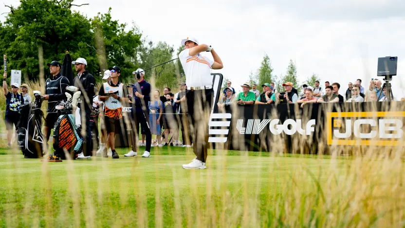 Yubin Jang of Iron Heads GC hits his shot from the seventh tee during the second round of LIV Golf United Kingdom at JCB Golf & Country Club on Saturday, July 26, 2025 in Rocester, England. (Photo by Charles Laberge/LIV Golf)