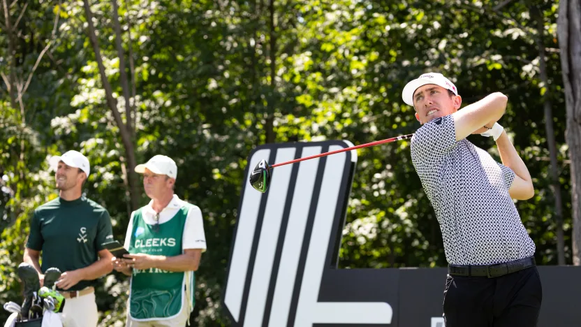 Tom McKibbin of Legion XIII hits his shot from the seventh tee during the quarterfinals of LIV Golf Team Championship Michigan at The Cardinal at Saint John’s on Friday, August 22, 2025 in Plymouth, MIchigan. (Photo by Jon Ferrey/LIV Golf)