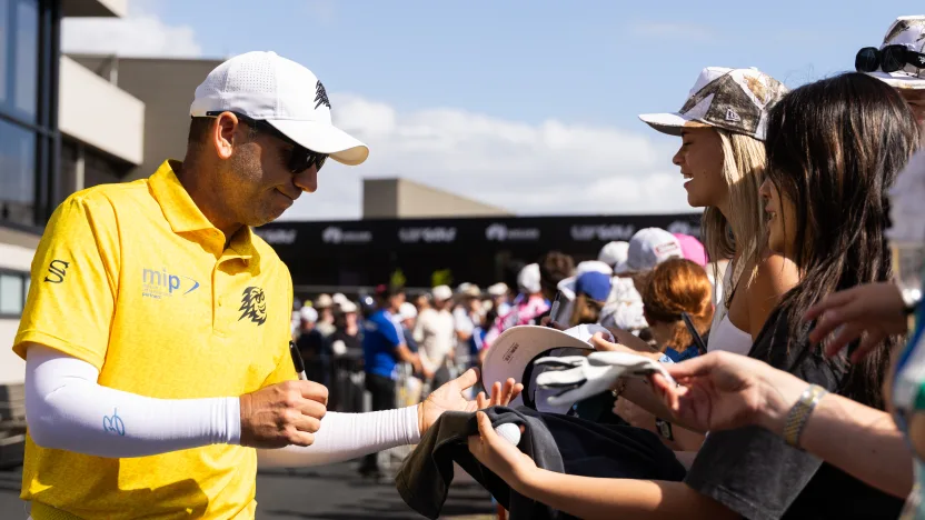 Captain Sergio Garcia of Fireballs GC signs autographs for fans during the second round of LIV Golf Adelaide at Grange Golf Club on Saturday, February 15, 2025 in Adelaide, Australia. (Photo by Scott Taetsch/LIV Golf)