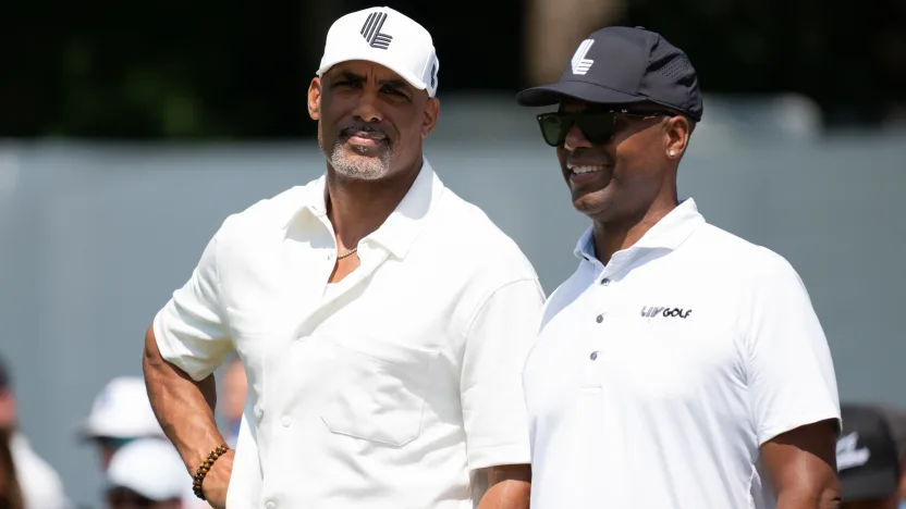 Boris Kodjoe and AJ Calloway attend LIV Golf Indianapolis 2025. 