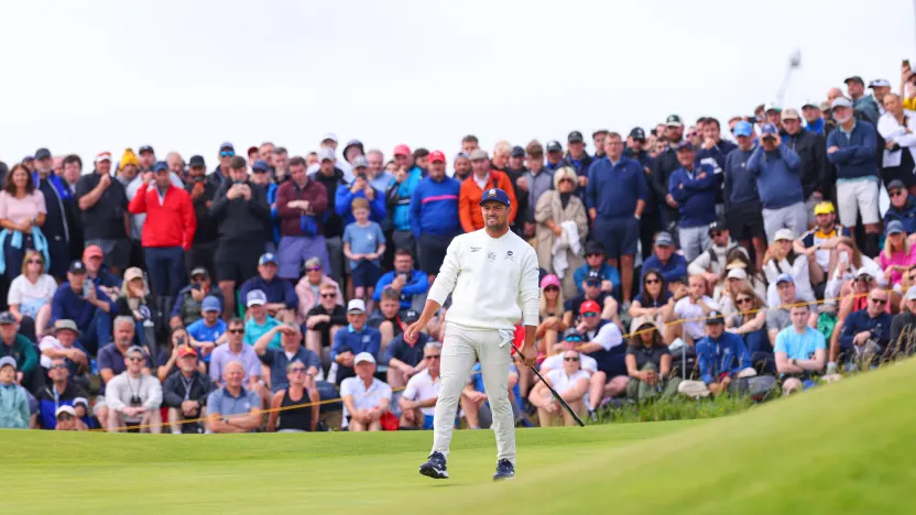 Captain Bryson DeChambeau of Crushers GC reacts to his putt on the sixth green during the second round of The Open Championship at Royal Portrush Golf Club on Friday, July 18, 2025 in Portrush, Northern Ireland. (Photo by Chris Trotman/LIV Golf)