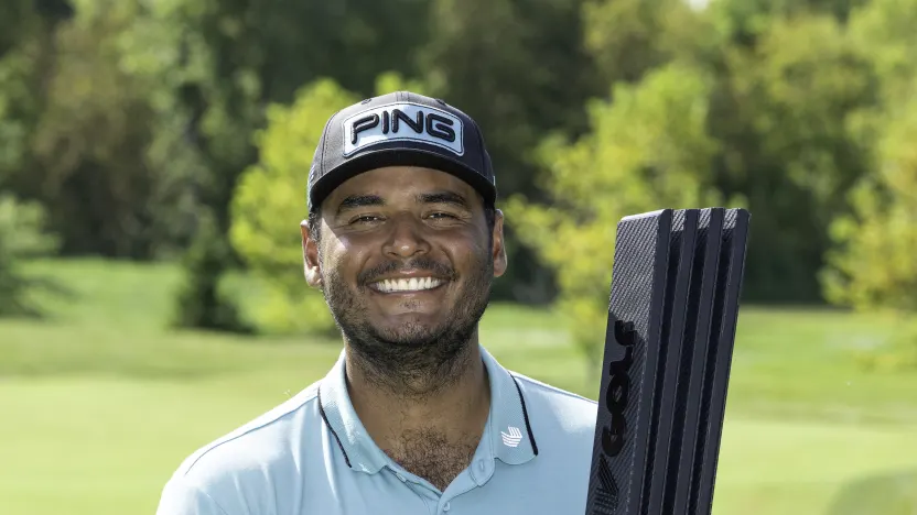 First place individual champion, Sebastián Muñoz of Torque GC poses for a photo with the trophy after the final round of LIV Golf Indianapolis at The Club at Chatham Hills on Sunday, August 17, 2025 in Westfield, Indiana. (Photo by Montana Pritchard/LIV Golf)