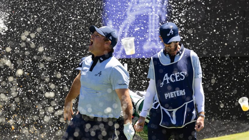 Patrick Reed of 4Aces GC reacts to his hole-in-one on the 12th hole during the first round of LIV Golf Adelaide at Grange Golf Club on Friday, February 14, 2025 in Adelaide, Australia. (Photo by Jon Ferrey/LIV Golf)