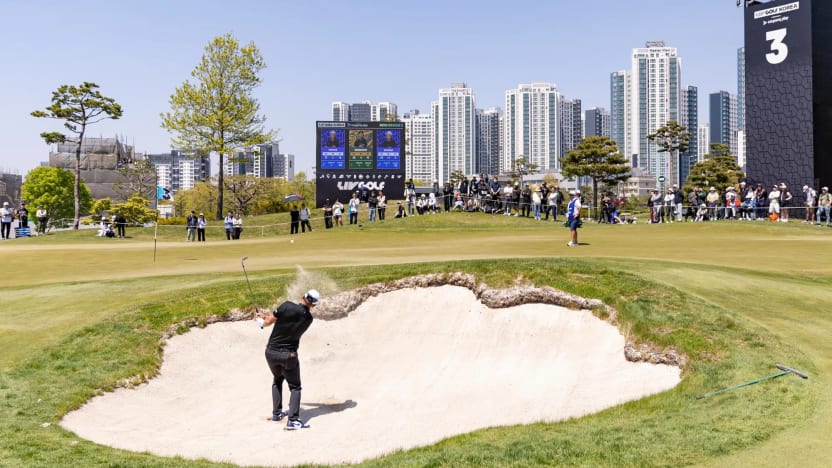 Talor Gooch of Smash GC hits his shot from a bunker on the third hole during the final round of LIV Golf Korea at Jack Nicklaus Golf Club on Sunday, May 04, 2025 in Incheon, South Korea. (Photo by Jon Ferrey/LIV Golf)