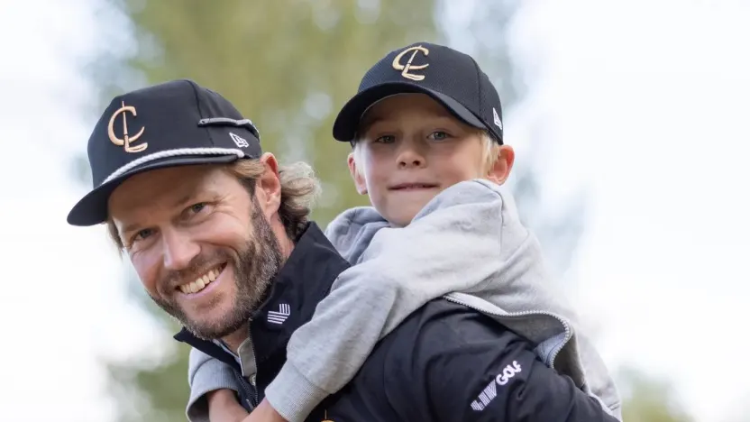 Kalle Samooja of Cleeks GC is seen with his son during the first round of LIV Golf United Kingdom at JCB Golf & Country Club on Friday, July 26, 2024 in Rocester, England. (Photo by Chris Trotman/LIV Golf)