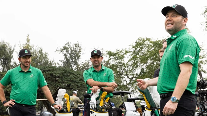 image: Branden Grace, Charl Schwartzel and Dean Burmester of Stinger GC are seen during the LIV Golf Media Week at the Biltmore Hotel on Thursday, January 11, 2023 in Coral Gables, Florida. (Photo by Katelyn Mulcahy/LIV Golf)