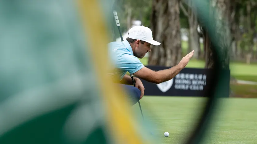 Charl Schwartzel of Stinger GC reads his putt during the practice round before the start of LIV Golf Hong Kong at Hong Kong Golf Club Fanling on Wednesday, March 05, 2025 in Fanling, Hong Kong. (Photo by Charles Laberge/LIV Golf)