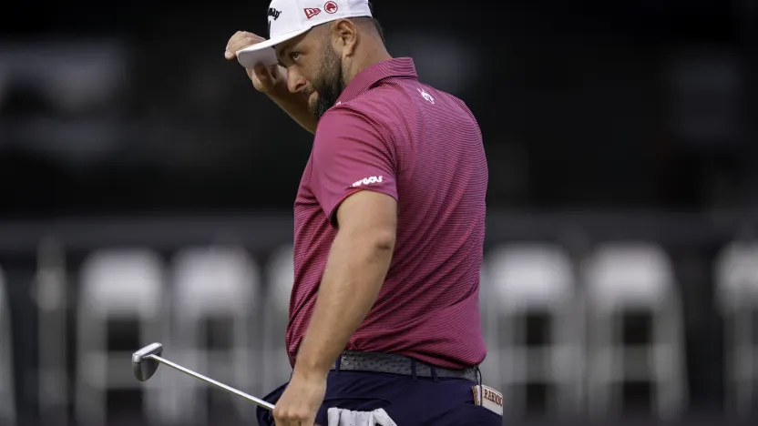 Captain Jon Rahm of Legion XIII reacts to his putt on the 18th green during the first round of LIV Golf Andalucía at Real Club Valderrama on Saturday, July 12, 2025 in San Roque, Spain. (Photo by Mateo Villalba/LIV Golf)