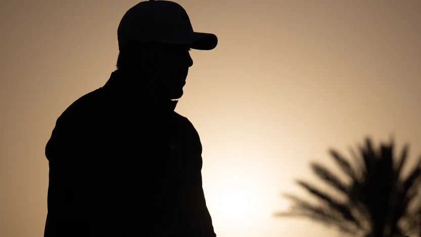 A silhouette of Captain Brooks Koepka of Smash GC seen on the practice green before the final round of LIV Golf Riyadh at Riyadh Golf Club on Saturday, February 08, 2025 in Riyadh, Saudi Arabia. (Photo by Mateo Villalba/LIV Golf)