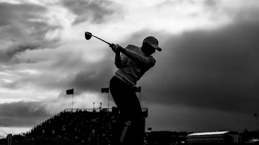 A silhouette of Captain Sergio Garcia of Fireballs GC on the second tee during the second round of The Open Championship at Royal Portrush Golf Club on Friday, July 18, 2025 in Portrush, Northern Ireland. (Photo by LIV Golf)