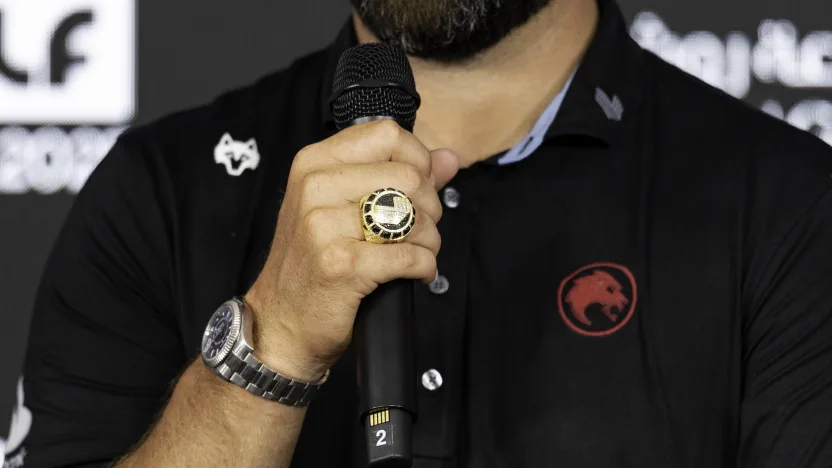 2025 Individual champion, Captain Jon Rahm of Legion XIII ring seen at a press conference during the final round of LIV Golf Indianapolis at The Club at Chatham Hills on Sunday, August 17, 2025 in Westfield, Indiana. (Photo by Scott Taetsch/LIV Golf)