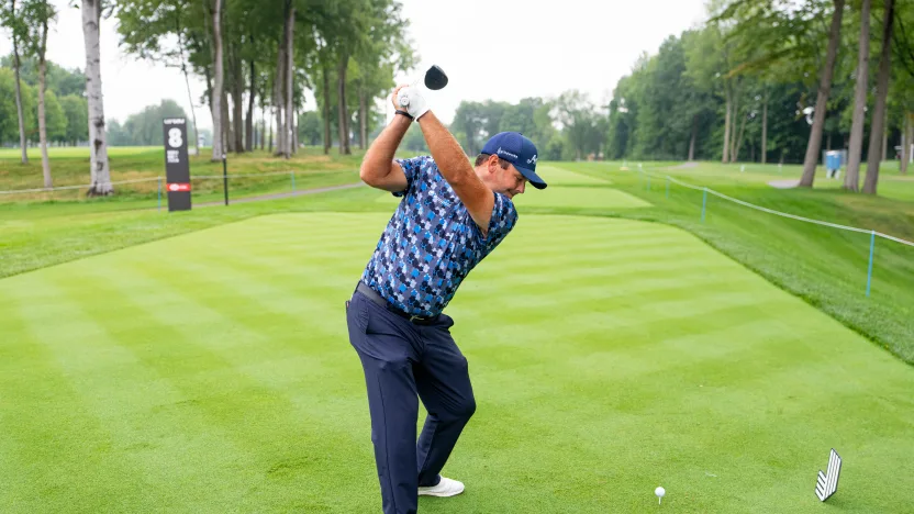 Patrick Reed of 4Aces GC hits his shot from the eighth tee during the practice round before the start of LIV Golf Team Championship Michigan at The Cardinal at Saint John’s on Tuesday, August 19, 2025 in Plymouth, MIchigan. (Photo by Pedro Salado/LIV Golf)