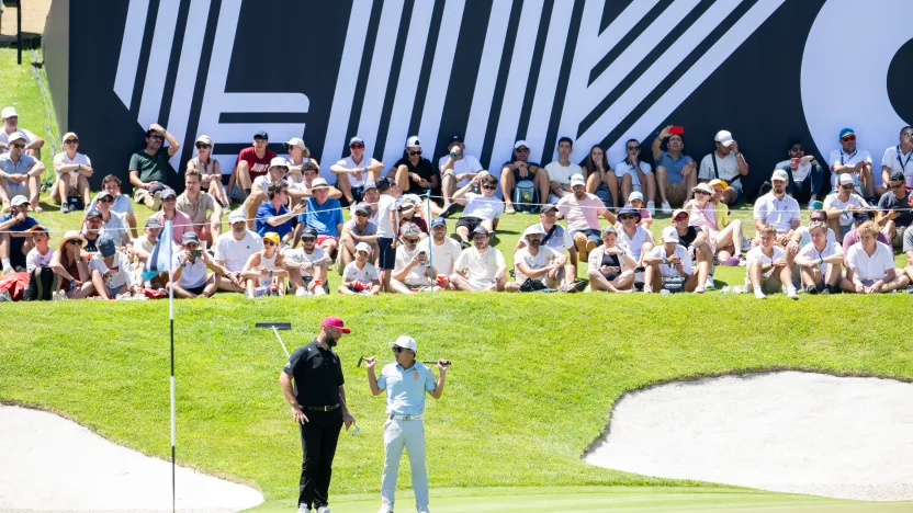 Captain Jon Rahm of Legion XIII and Jinichiro Kozuma of Iron Heads GC are seen on the 17th hole during the final round of LIV Golf Andalucía at Real Club Valderrama on Sunday, July 13, 2025 in San Roque, Spain. (Photo by Charles Laberge/LIV Golf)