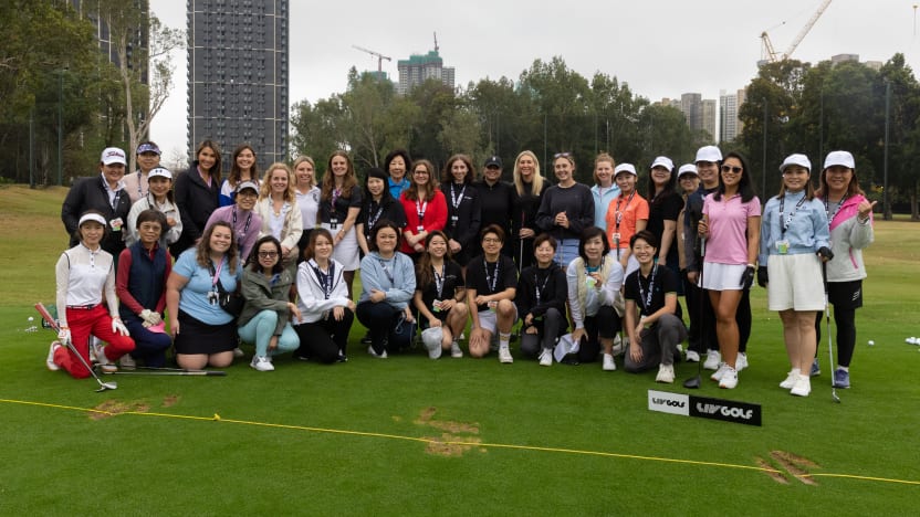 Attendees pose for a photo at the International Women's Day Clinic before the start of LIV Golf Hong Kong at Hong Kong Golf Club Fanling on Wednesday, March 05, 2025 in Fanling, Hong Kong. (Photo by Mike Stobe/LIV Golf)