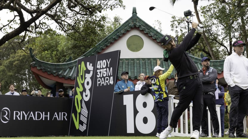 Captain Louis Oosthuizen of Stinger GC hits his shot from the 18th tee during the first round of LIV Golf Hong Kong at Hong Kong Golf Club Fanling on Friday, March 07, 2025 in Fanling, Hong Kong. (Photo by Jon Ferrey/LIV Golf)