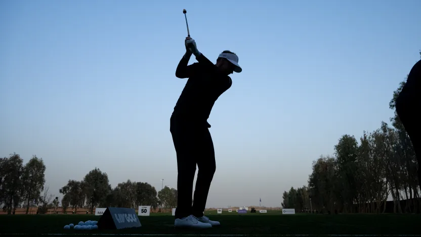 Co-Captain Ian Poulter of Majesticks GC hits his shot on the driving range before the final round of LIV Golf Riyadh at Riyadh Golf Club on Saturday, February 08, 2025 in Riyadh, Saudi Arabia. (Photo by Charles Laberge/LIV Golf)