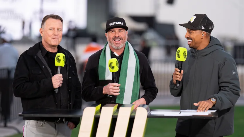 LIV Golf broadcast member, Jerry Foltz, LIV Golf broadcast member, Pat Perez, and LIV Golf broadcast member, Christian Crosby seen at the Pre-Show Live Broadcast before the final round of LIV Golf Riyadh at Riyadh Golf Club on Saturday, February 08, 2025 in Riyadh, Saudi Arabia. (Photo by Mateo Villalba/LIV Golf)