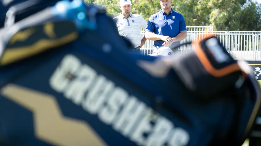 Captain Bryson DeChambeau of Crushers GC and Charles Howell III of Crushers GC seen during the practice round before the start of LIV Golf Adelaide at Grange Golf Club on Tuesday, February 11, 2025 in Adelaide, Australia. (Photo by Charles Laberge/LIV Golf)