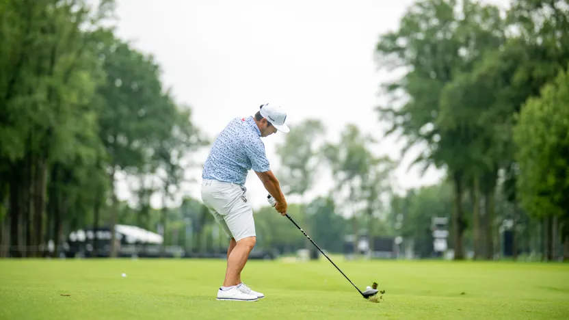 Danny Lee of Iron Heads GC hits his shot on the 14th hole during the practice round before the start of LIV Golf Team Championship Michigan at The Cardinal at Saint John’s on Tuesday, August 19, 2025 in Plymouth, MIchigan. (Photo by Charles Laberge/LIV Golf)