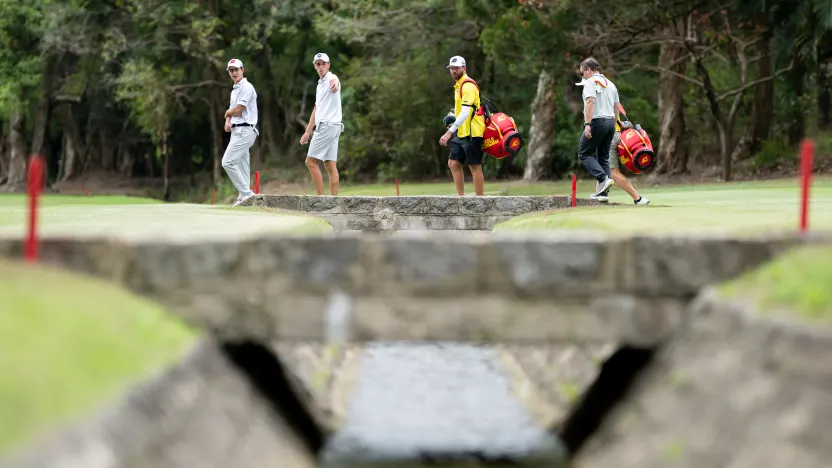 Luis Masaveu of Fireballs GC, David Puig of Fireballs GC and caddie, Alberto Sanchez, seen during the practice round before the start of LIV Golf Hong Kong at Hong Kong Golf Club Fanling on Tuesday, March 04, 2025 in Fanling, Hong Kong. (Photo by Charles Laberge/LIV Golf)