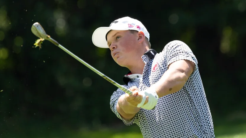Caleb Surratt of Legion XIII hits his shot on the seventh hole during the quarterfinals of LIV Golf Team Championship Michigan at The Cardinal at Saint John’s on Friday, August 22, 2025 in Plymouth, MIchigan. (Photo by Jon Ferrey/LIV Golf)