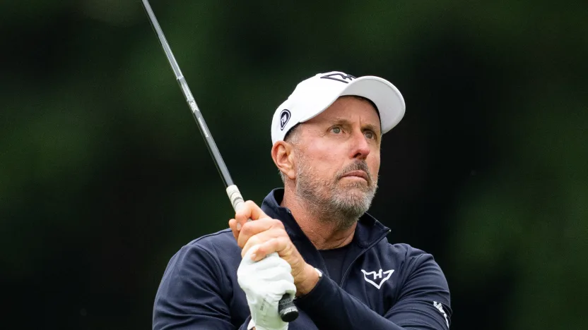 Captain Phil Mickelson of HyFlyers GC hits his shot from the fairway on the 15th hole during the first round of LIV Golf Hong Kong at Hong Kong Golf Club Fanling on Friday, March 07, 2025 in Fanling, Hong Kong. (Photo by Mateo Villalba/LIV Golf)