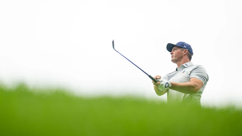 Captain Bryson DeChambeau of Crushers GC hits his shot from the third tee during the practice round before the start of LIV Golf Team Championship Michigan at The Cardinal at Saint John’s on Tuesday, August 19, 2025 in Plymouth, MIchigan. (Photo by Charles Laberge/LIV Golf)