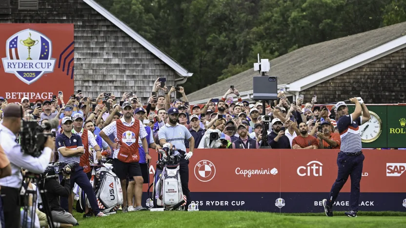 Bryson DeChambeau of Team USA hits his shot from the second tee during the morning foursomes of the Ryder Cup at Bethpage Black Golf Course on Friday, September 26, 2025 in Farmingdale, New York. (Photo by Charles Laberge/LIV Golf)