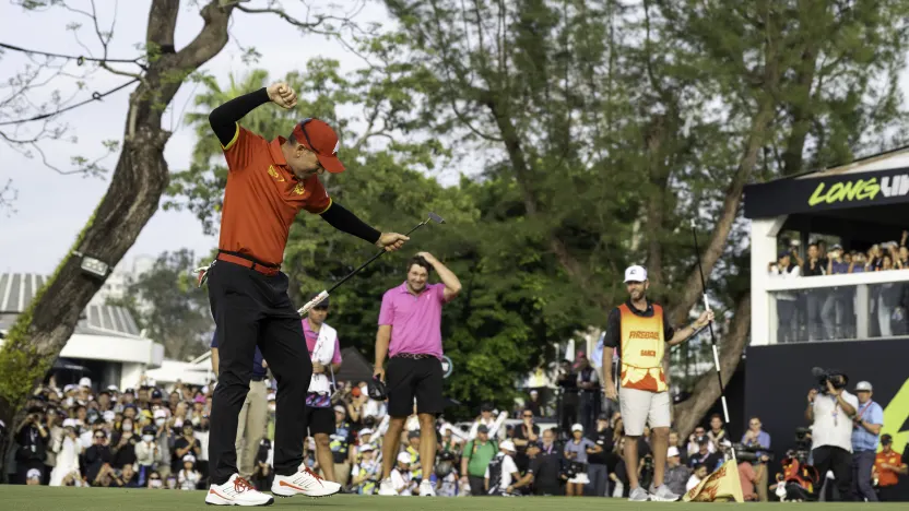Captain Sergio Garcia of Fireballs GC reacts to his putt on the 18th green during the final round of LIV Golf Hong Kong at Hong Kong Golf Club Fanling on Sunday, March 09, 2025 in Fanling, Hong Kong. (Photo by Charles Laberge/LIV Golf)