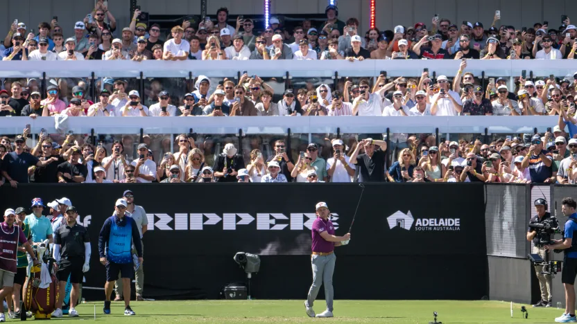 Captain Cameron Smith of Ripper GC hits his shot from the 12th tee during the first round of LIV Golf Adelaide at Grange Golf Club on Friday, February 14, 2025 in Adelaide, Australia. (Photo by Charles Laberge/LIV Golf)