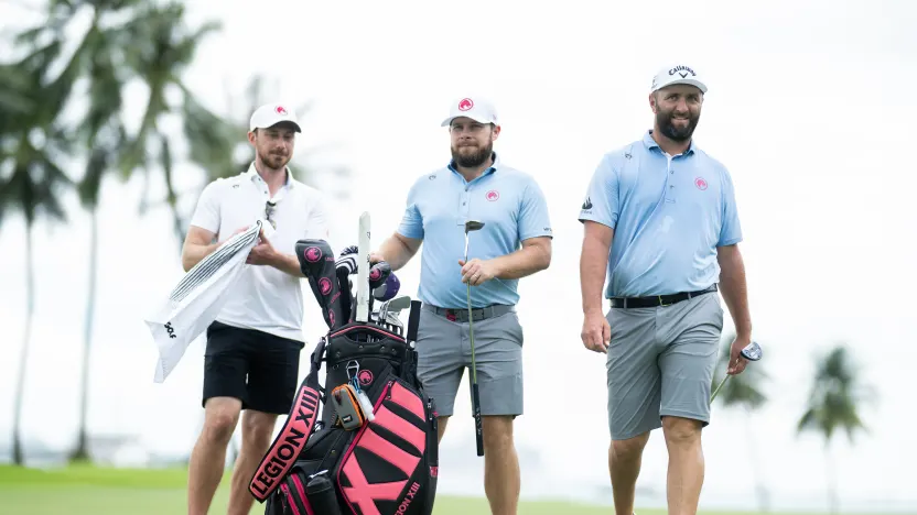 Tyrrell Hatton of Legion XIII and Captain Jon Rahm of Legion XIII seen during the practice round before the start of LIV Golf Singapore at Sentosa Golf Club on Tuesday, March 11, 2025 in Sentosa, Singapore. (Photo by Charles Laberge/LIV Golf)