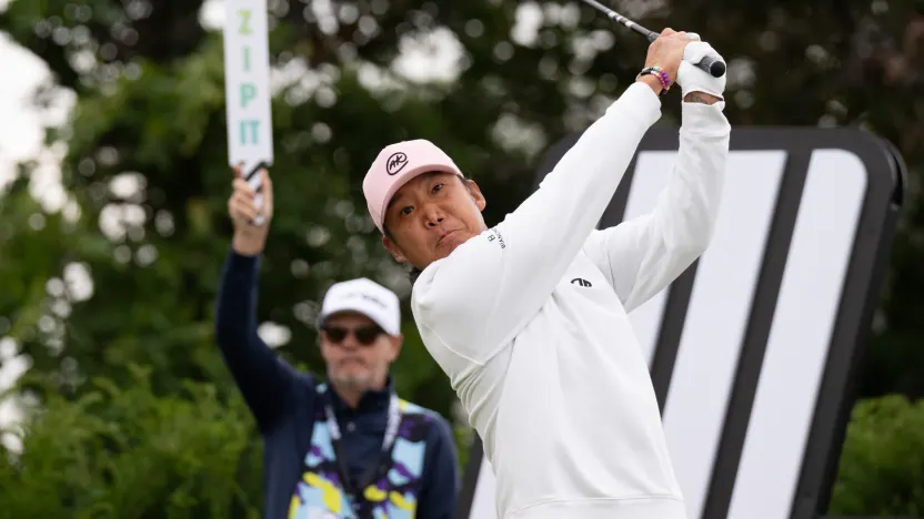 Wild Card player, Anthony Kim hits his shot from the 16th tee during the final round of LIV Golf United Kingdom at JCB Golf & Country Club on Sunday, July 27, 2025 in Rocester, England. (Photo by Matthew Harris/LIV Golf)