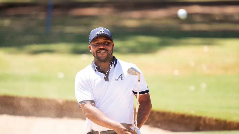 Harold Varner III of 4Aces GC hits his shot from a bunker on the 10th hole during the practice round before the start of LIV Golf Adelaide at Grange Golf Club on Tuesday, February 11, 2025 in Adelaide, Australia. (Photo by Pedro Salado/LIV Golf)