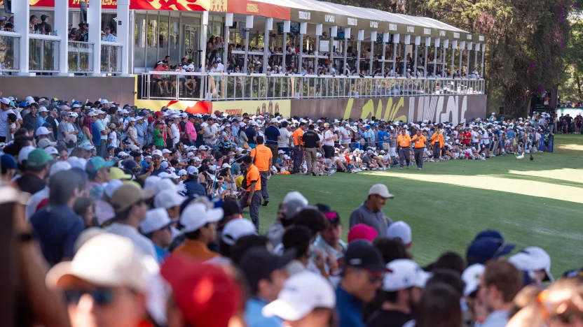 General shot of fans on the 18th green during the final round of LIV Golf Mexico City at Club de Golf Chapultepec on Sunday, April 27, 2025 in Naucalpan, Mexico. (Photo by Mateo Villalba/LIV Golf)