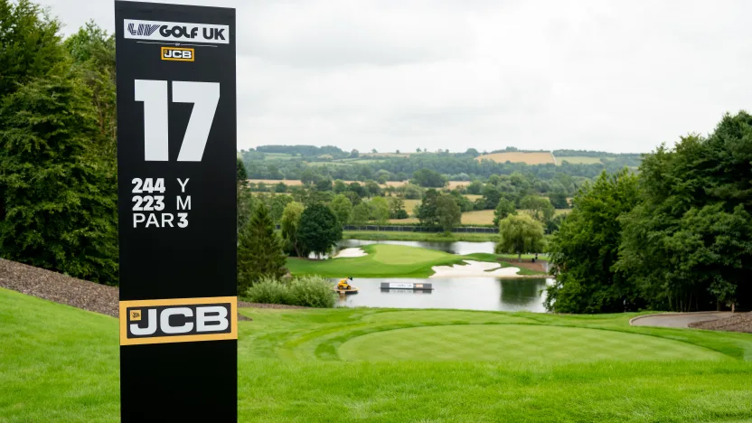 JCB signage is seen on the 17th hole during the practice round before the start of LIV Golf United Kingdom by JCB at JCB Golf & Country Club on Tuesday, July 22, 2025 in Rocester, England. (Photo by Jon Ferrey/LIV Golf)