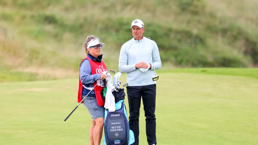 Co-Captain Henrik Stenson of Majesticks GC seen with his caddie, Fanny Sunneson, on the sixth hole during the first round of The Open Championship at Royal Portrush Golf Club on Thursday, July 17, 2025 in Portrush, Northern Ireland. (Photo by Chris Trotman/LIV Golf)