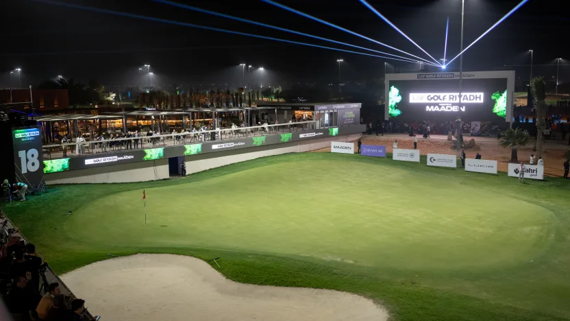 image: A general view of the 18th green during the first round of LIV Golf Riyadh at Riyadh Golf Club on Thursday, February 06, 2025 in Riyadh, Saudi Arabia. (Photo by Montana Pritchard/LIV Golf)