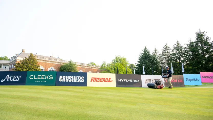 LIV Golf signage seen on the putting green during the practice round before the start of LIV Golf Virginia at Robert Trent Jones Golf Club on Tuesday, June 03, 2025 in Gainesville, Virginia. (Photo by Charles Laberge/LIV Golf)
